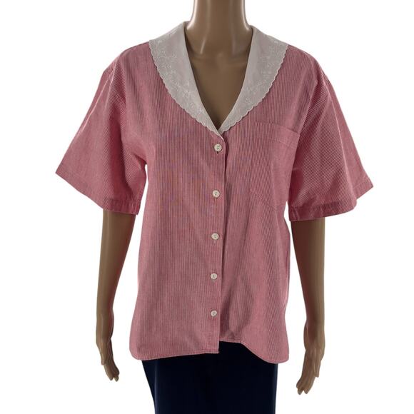 Ralph Lauren Red Vintage 1980s White Striped Cotton Button Down Blouse - Picture 3 of 9